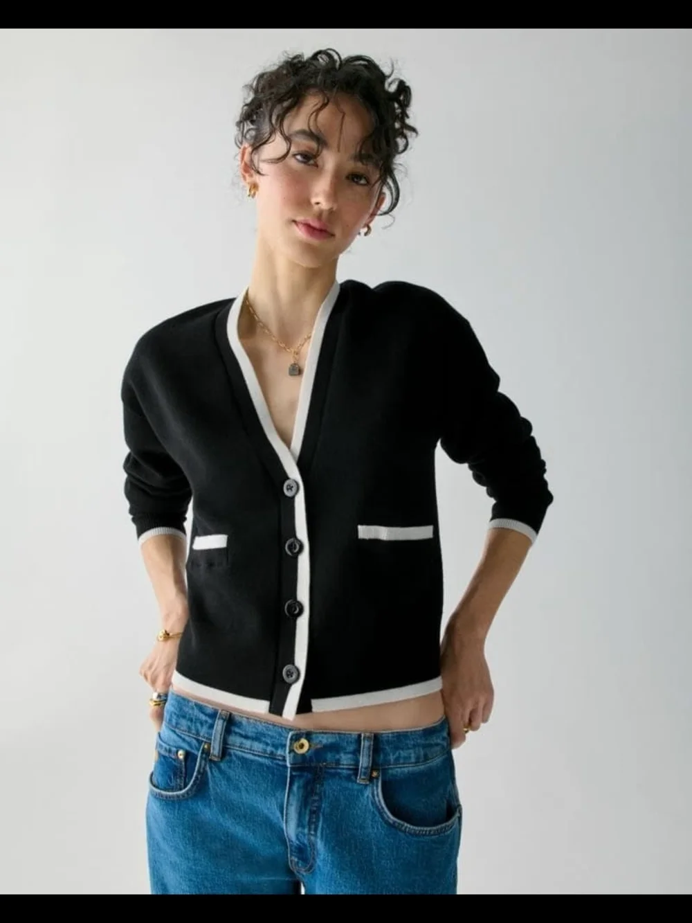 Black & White Trim Women’s V-Neck Button Cardigan Sweater
